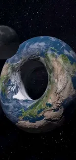 3D wallpaper of donut-shaped Earth with space background.