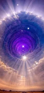 A cosmic sky portal with radiant purple hues.