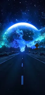 Surreal road under a vibrant blue cosmic sky.