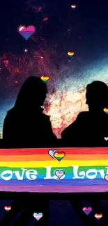 Couple silhouette in space with rainbow and 'Love Is Love' text.