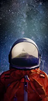 Astronaut in orange suit gazing into cosmic galaxy on mobile wallpaper.