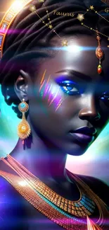 Mystical woman with cosmic accessories, vibrant celestial wallpaper.