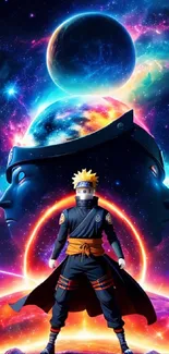 Anime ninja in vibrant galaxy scene with cosmic background.