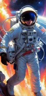 Astronaut in fiery cosmic space, vibrant mobile wallpaper.