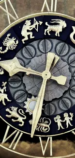 Intricate astrological clock with zodiac symbols in dark blue and gold hues.