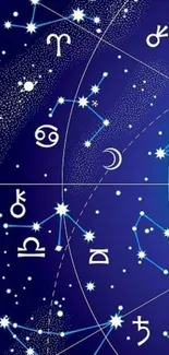 Astrological wallpaper with constellations and zodiac symbols on a blue background.