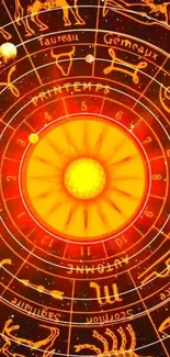 Vibrant zodiac wheel with a glowing sun center and astrological symbols.