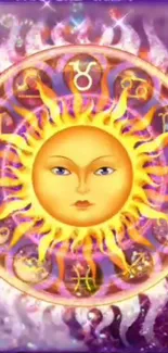 Mystical sun with zodiac signs on a purple background.