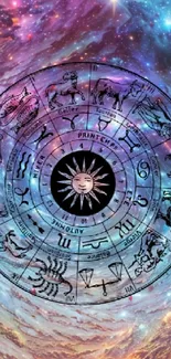 Colorful cosmic astrological wallpaper with zodiac symbols.