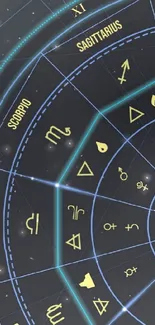 Astrology-themed mobile wallpaper with glowing zodiac wheel.