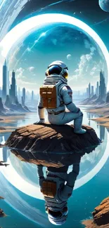 Astronaut gazing at a futuristic city with cosmic reflections in a serene landscape.