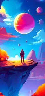 Astronaut on cliff under colorful planets in space