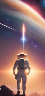 Astronaut explores a vibrant cosmic horizon.