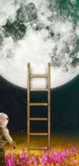 Astronaut with ladder under full moon in flower field.