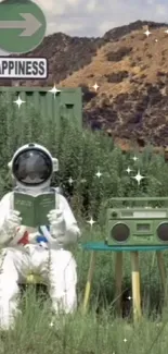 Astronaut reading in nature near happiness sign.