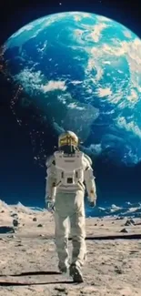 Astronaut on moon with Earth in view.