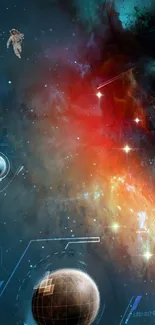 Astronaut floating in a colorful cosmic nebula with planets and digital elements.