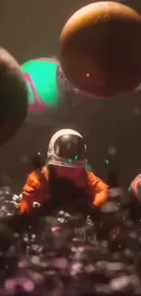 Astronaut surrounded by colorful orbs in space.