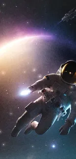 Astronaut floating in deep space with colorful cosmic background.