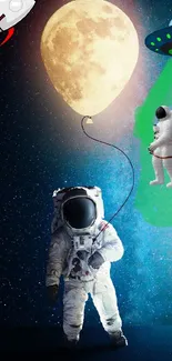 Astronaut holding moon balloon with UFO and rocket in space-themed wallpaper.