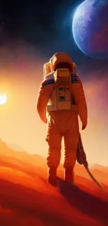 Astronaut on a planet with a sun and distant blue planet in the background.