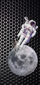 Astronaut and dog on moon with hexagonal backdrop.