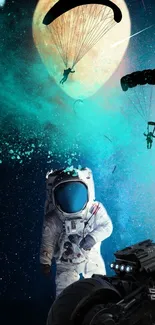 Astronaut with parachuters in space, vibrant cosmic scene.