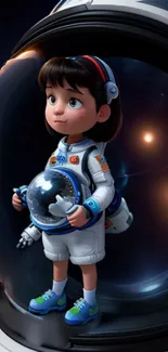 Charming child astronaut in space-themed mobile wallpaper.