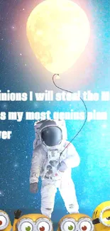 Astronaut with minions floating in space holding a glowing balloon moon.