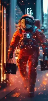 Astronaut shopping surrounded by sparks.