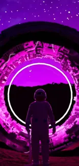 Astronaut stands before a vibrant purple cosmic portal under starry sky.