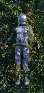 Astronaut suit surrounded by lush green foliage and vibrant flowers.