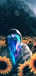 Astronaut in sunflowers with cosmic face under night sky.