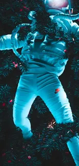 Astronaut enveloped in neon-lit foliage, featuring a mystical space theme.