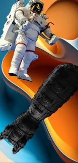 Astronaut floating in vibrant abstract background with 3D elements.