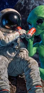 Astronaut and alien sharing a drink in space art.