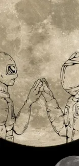 Astronaut and alien touching in front of the moon wallpaper.