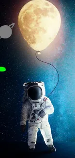 Astronaut holds a moon balloon with an alien in space.