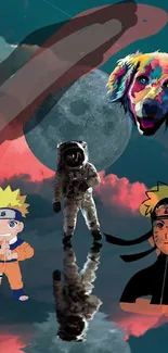 Astronaut and anime characters with cosmic sky and colorful elements.