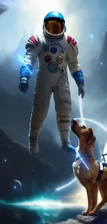 Wallpaper of an astronaut and dog exploring an alien landscape in space.