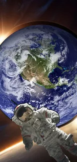 Astronaut floating in space with Earth in background.