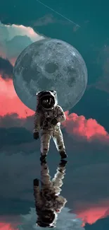 Astronaut facing a full moon with clouds and reflective water.