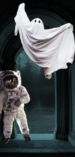 Astronaut and ghost in a dark archway mobile wallpaper.