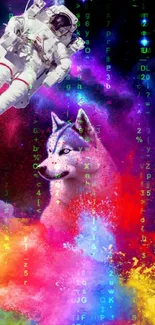 Astronaut floats near a colorful husky in a cosmic galaxy scene.