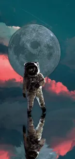 Surreal artwork of an astronaut walking with the moon in the background.