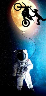 Astronaut holding a biker balloon in space.