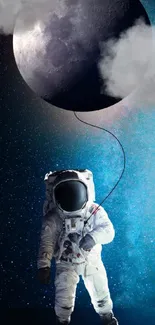 Astronaut holding a moon balloon under a starry sky.