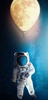 Astronaut holding a moon-shaped balloon against a starry blue cosmic background.