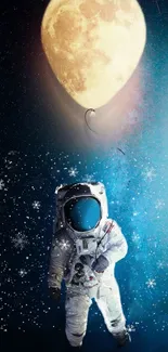 Astronaut floating with moon balloon in space art.