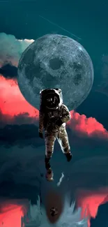 Astronaut floating before moon with vibrant clouds.